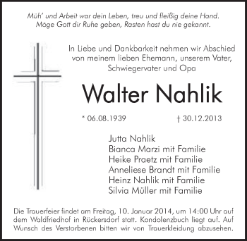 Traueranzeige von Walter Nahlik von Pegnitz-Zeitung